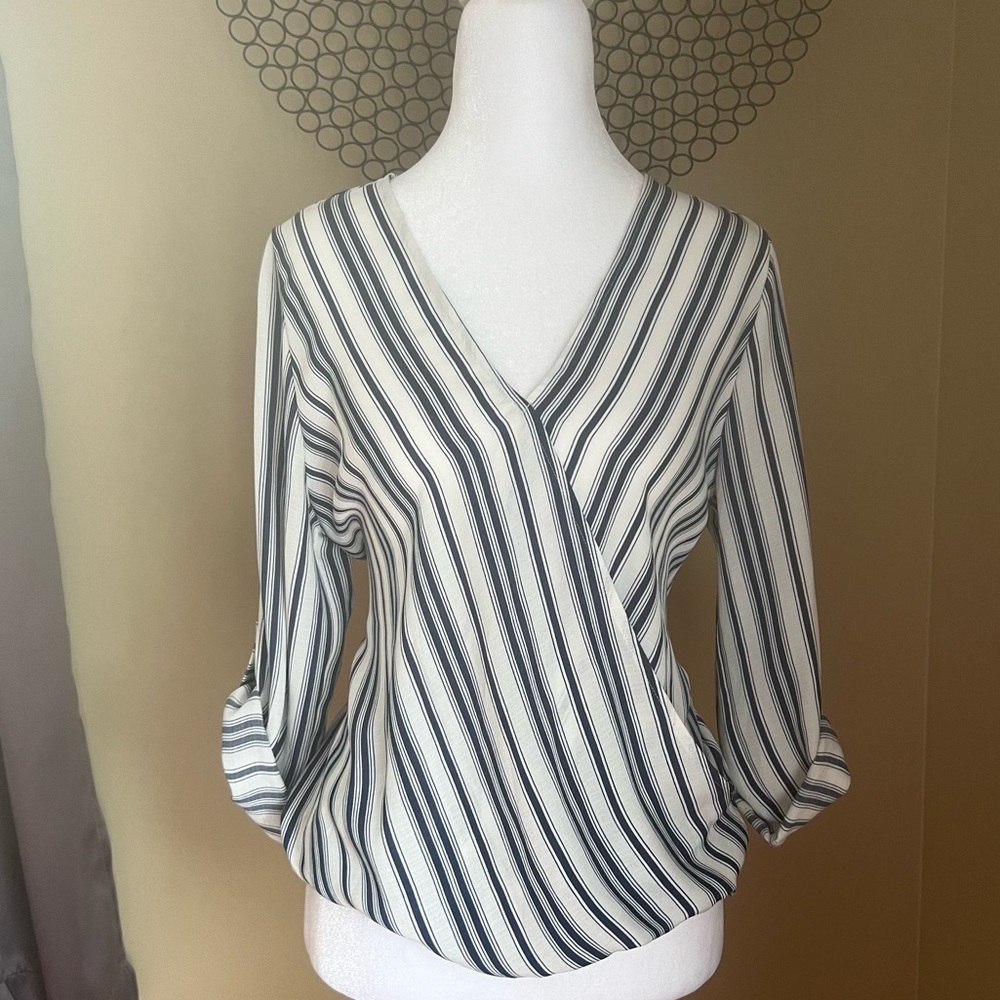 Blue and White Striped V-Neck Women’s Top, Size Small